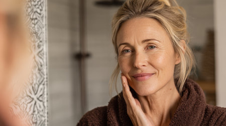 A middle-aged woman with blonde hair looks at herself in the mirror, gently touching her face with a soft smile, exuding confidence and self-care.の素材