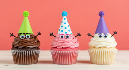 Three cupcakes decorated with colorful party hats, googly eyes, and frosting, creating a fun and festive birthday treat.の素材