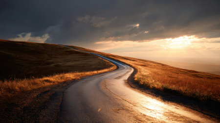 A wet, winding road cuts through golden hills under a dramatic sky with sunlight breaking through the clouds, creating a serene yet powerful landscape.の素材