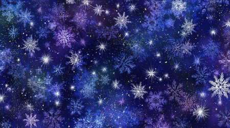 A magical winter scene filled with snowflakes and twinkling stars, perfect for holiday backgrounds and seasonal designs.の素材