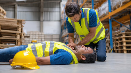A first responder gives emergency medical assistance to an unconscious colleague lying on the warehouse floor. A concept for workplace accidents, safety, and first aid training.の素材