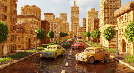 A creative cityscape constructed entirely of bread, featuring miniature toy cars driving on a wet street, creating a surreal and playful scene.の素材