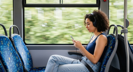 A young woman with curly hair sits on a bus, looking at her phone while traveling. She is wearing jeans and a tank top.の素材