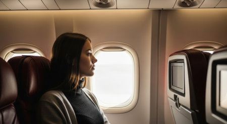 A young woman sits by the window on an airplane, looking out with a thoughtful expression as she travels to her destination.の素材