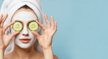 A woman with a white facial mask and a towel on her head holds cucumber slices over her eyes, against a blue background.の素材