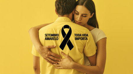 A poignant image promoting the Yellow September campaign, symbolizing suicide prevention and mental health awareness. Features a couple embracing, with a black ribbon and supportive messages.の素材