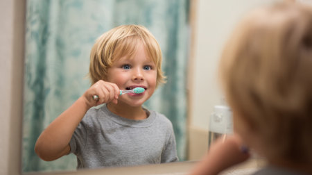 A young boy with blonde hair is brushing his teeth in front of a bathroom mirror, reflecting his image back at the viewer.の素材
