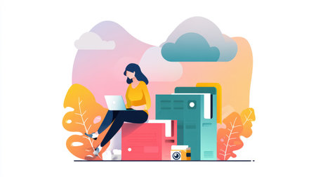 A woman sits on a stack of files working on her laptop, surrounded by colorful abstract shapes and foliage.の素材