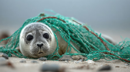 A young seals face peeks out from a tangled green fishing net on a beach, highlighting the dangers of marine pollution.の素材