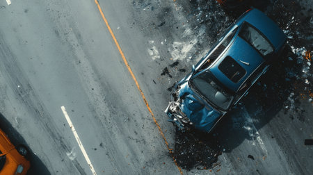 Aerial view of a blue car wrecked on the road after an accident, showing the damage and aftermath.の素材