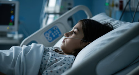 A young girl lies in a hospital bed, looking thoughtful. Medical equipment is visible in the background, suggesting she is receiving treatment.の素材