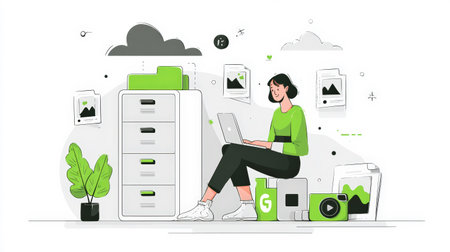 A woman sits with a laptop, surrounded by files and a file cabinet, in a modern office illustration.の素材