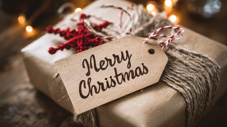A beautifully wrapped Christmas gift with a kraft paper tag that reads Merry Christmas, tied with twine and adorned with red berries.の素材