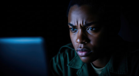 A young African American man with a serious and concentrated expression, illuminated by the glow of a laptop screen in a dimly lit environment, suggesting deep focus or concern.の素材