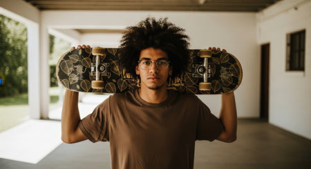 A young man with an afro stands in a hallway holding a skateboard over his shoulders, looking directly at the camera with a serious expression.の素材