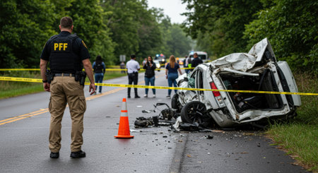 A severely damaged car lies on its side at a crash site, surrounded by investigators and caution tape, indicating a serious incident.の素材