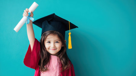 A cheerful young girl, dressed in graduation attire, proudly holds her diploma against a vibrant blue backdrop, symbolizing academic success and future potential.の素材