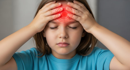 A young girl with her eyes closed, holding her head with both hands, indicating she is experiencing a headache or pain in her forehead.の素材