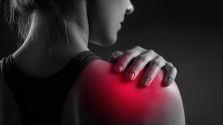 A woman experiencing shoulder pain, highlighted in red, highlights the discomfort and health issues related to joint problems and physical therapy needs.の素材