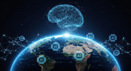 A digital brain hovers above the Earth, symbolizing the global reach of artificial intelligence and its impact on technology and innovation worldwide.の素材