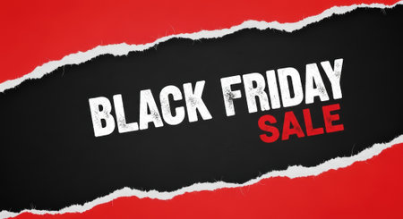 A striking Black Friday sale announcement featuring bold text against a black backdrop, framed by torn paper edges on a vibrant red background, creating a sense of urgency.の素材