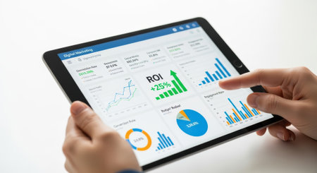 A person analyzes business data on a tablet, focusing on ROI and growth charts, indicating financial analysis and strategic planning.の素材