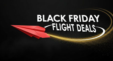 A vibrant red paper airplane soars across a dark background, leaving a golden trail, advertising Black Friday flight deals.の素材