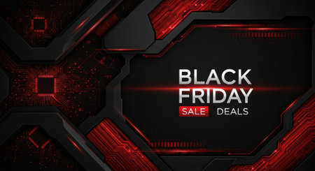 A dark abstract background with red accents promoting Black Friday sale deals, perfect for advertising and marketing campaigns.の素材