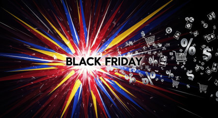 A dynamic Black Friday sale illustration featuring an explosion of colorful light rays emanating from the center, with shopping carts, dollar signs, and percent symbols flying out to the right, all against a dark background.の素材