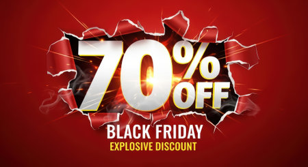 A vibrant advertisement showcasing a 70 off discount for Black Friday, featuring a dynamic, explosive design on a striking red background.の素材