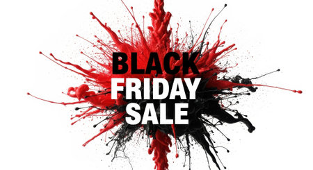 Dynamic Black Friday Sale text surrounded by an explosion of vibrant red and black paint splatters, creating an energetic and eye-catching design on a clean white background.の素材