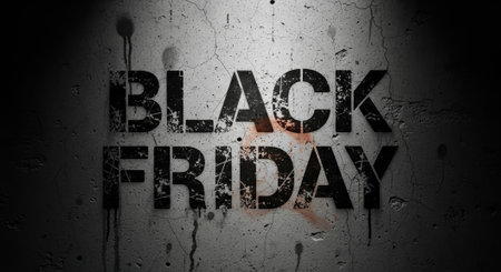 A grunge-style image featuring the words Black Friday against a textured, distressed wall, ideal for sale announcements and promotional materials.の素材