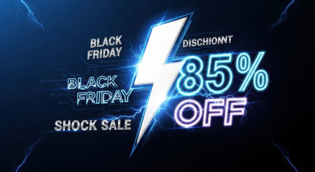 A striking Black Friday promotional image featuring an 85 off discount, highlighted by a vibrant lightning bolt and neon-style text against a dark background.の素材