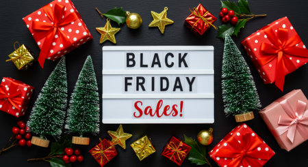 Top down view of a lightbox with the text Black Friday Sales. The sign is framed by miniature Christmas trees, red gift boxes, and golden star ornaments on a black surface.の素材