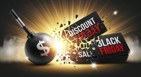 A bomb with a dollar sign explodes, sending discount and Black Friday sale tags flying, symbolizing the explosive savings during the shopping event.の素材