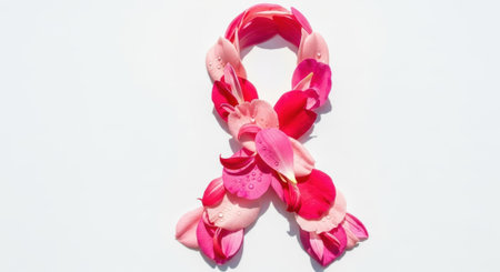 A pink breast cancer awareness ribbon is made of pink flower petals on a white background, symbolizing support and hope.の素材
