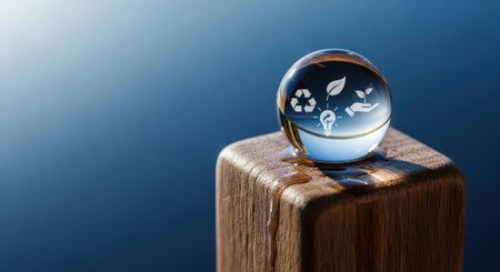 A crystal ball sits on a wooden post, reflecting eco-friendly symbols like recycling and leaves, symbolizing environmental consciousness.の素材