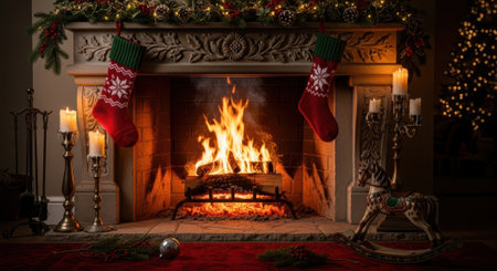 A warm and inviting Christmas scene featuring a roaring fire in a decorated fireplace, stockings hung with care, and soft candlelight creating a festive ambiance.の素材