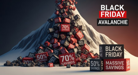 A dramatic visual metaphor for Black Friday sales, depicting an avalanche of shopping bags and boxes with discount percentages tumbling down a mountain.の素材