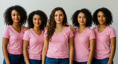 A group of five diverse women stand together in pink shirts, symbolizing unity and support for breast cancer awareness and research.の素材