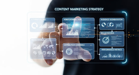 A person interacts with a digital interface displaying content marketing strategy elements, featuring data visualization and touch interaction for business planning and analysis.の素材