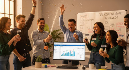 A diverse team celebrates a successful project, popping champagne in front of a monitor displaying positive data trends, signifying achievement and collaboration.の素材