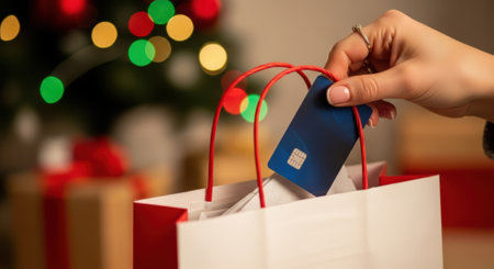 A hand places a credit card into a gift bag amidst a festive Christmas setting, symbolizing holiday spending and financial transactions during the season.の素材