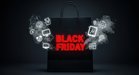 A black shopping bag with the words Black Friday in red, surrounded by digital icons, symbolizing online shopping and deals.の素材