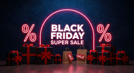 A vibrant Black Friday super sale advertisement featuring neon signs, gift boxes, and shopping bags, set against a dark background.の素材