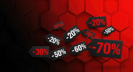 A dynamic image showcasing various discount percentages against a red and black hexagonal backdrop, perfect for sales promotions.の素材