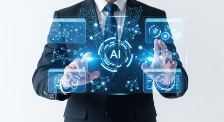 A businessman in a suit interacts with a futuristic AI interface, featuring a central AI symbol surrounded by interconnected nodes and data visualizations, representing advanced technology and innovation.の素材