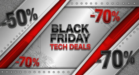 A promotional image showcasing Black Friday tech deals with prominent discount percentages, set against a metallic background with red accents.の素材