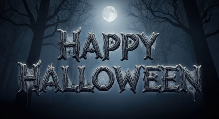 A spooky Happy Halloween image featuring stylized text, a full moon, and a dark, atmospheric forest backdrop, perfect for holiday greetings.の素材