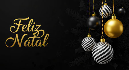 Festive Christmas card featuring the Portuguese phrase Feliz Natal with elegant gold lettering and stylish black and gold ornaments on a dark background.の素材